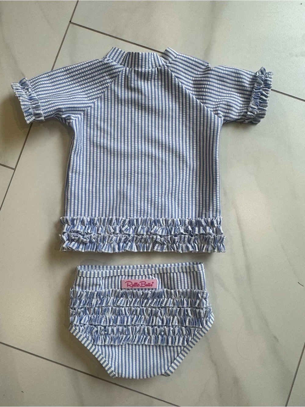Ruffle Butts Blue and White Striped Ruffle Swim Set